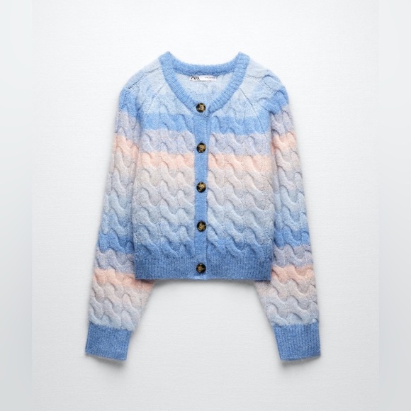 Zara Chunky Cable Knit Wool Alpaca Blend Cropped Cardigan Blue & Pink Large NEW - Picture 4 of 8